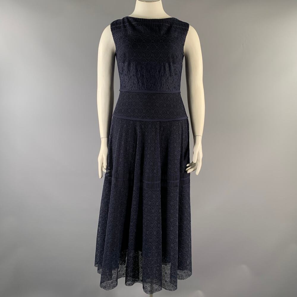 TALBOT RUNHOF Size 12 Navy Cotton Blend Scoop Neck Mid-Calf Dress